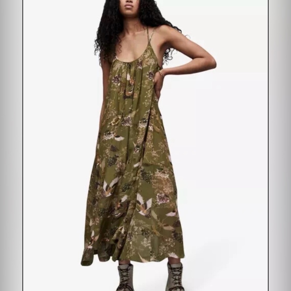 Allsaints adjustable hi-low hem sz 12 areena olive green dress